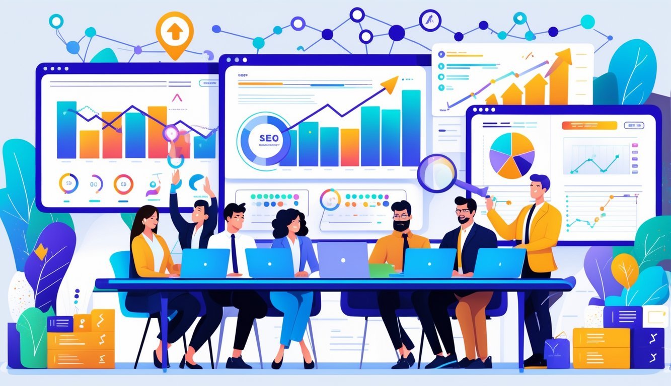 Tim profesionalaca u uredu surađuje oko stolova s računalima i grafikonima koji prikazuju rast i analizu podataka.