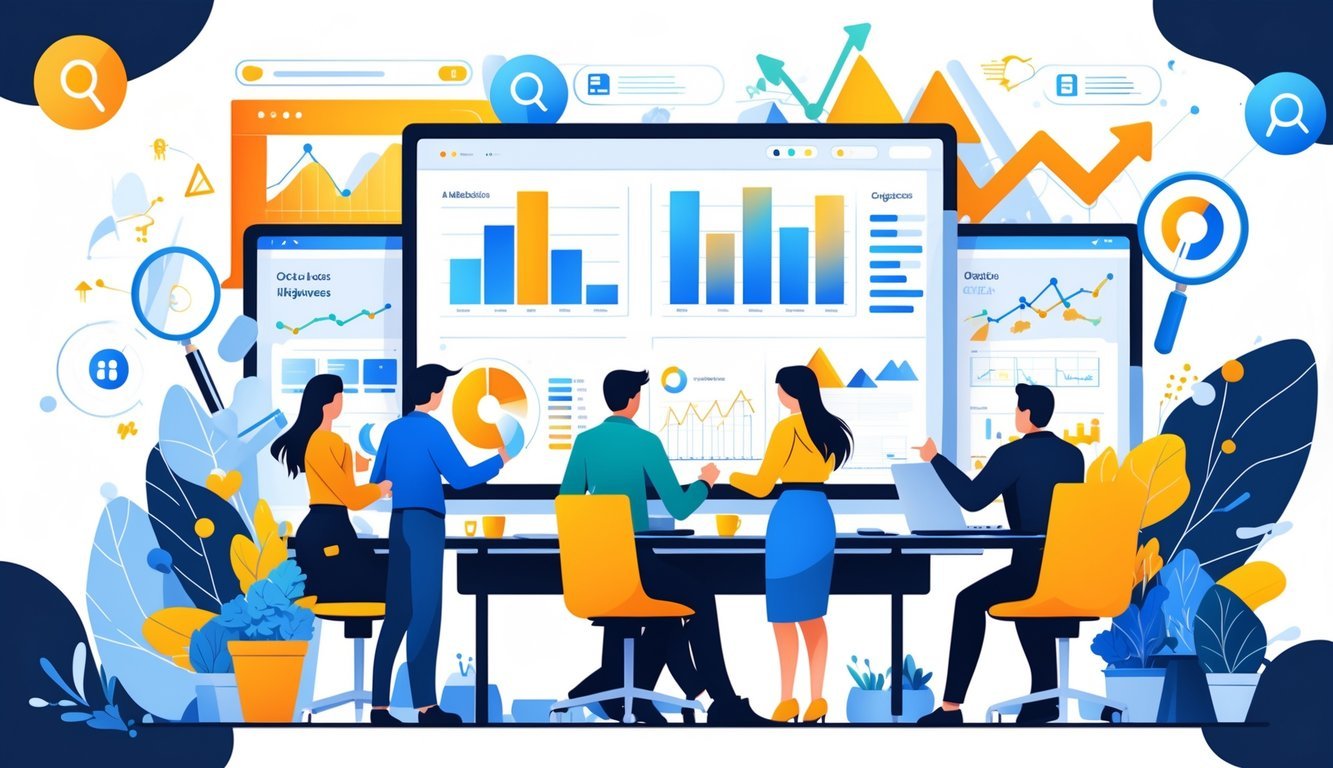 Ured s ljudima koji surađuju oko velikog digitalnog zaslona s grafikonima i analitikom web stranica.