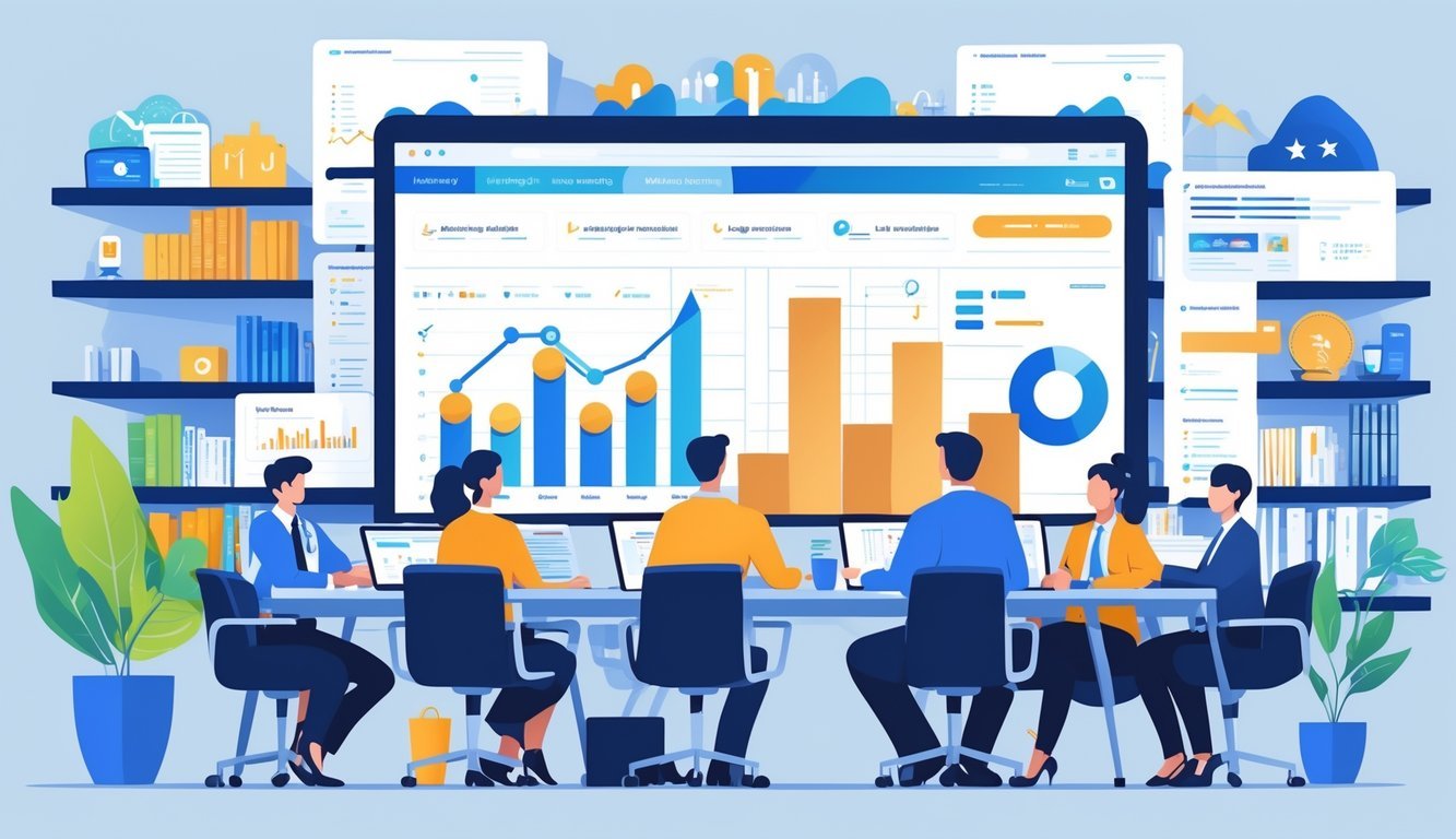 Tim ljudi u uredu radi zajedno na SEO analizama prikazanim na velikom digitalnom zaslonu.