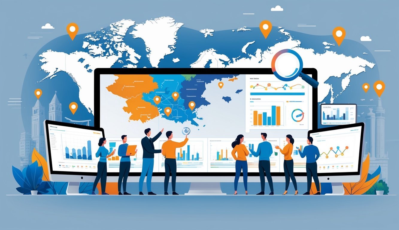 Tim profesionalaca u uredu radi na digitalnoj karti Hrvatske i okolnih zemalja s prikazom podataka o SEO optimizaciji.