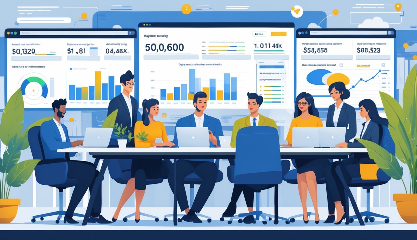 Tim stručnjaka u modernom uredu radi zajedno na SEO analizi i strategijama koristeći digitalne uređaje.