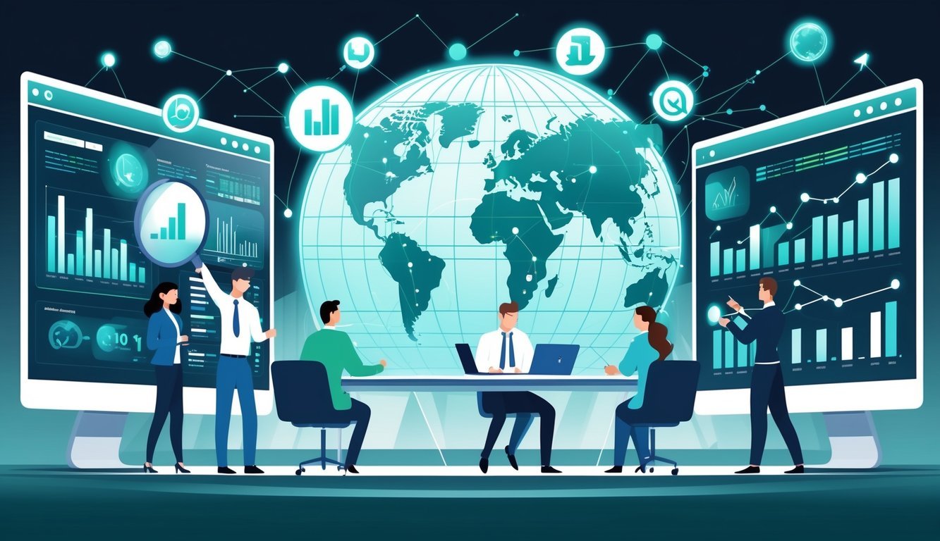 Tim stručnjaka u modernom uredu surađuje na razvoju digitalnog poslovanja koristeći ekrane s grafikonima i podacima o SEO-u.