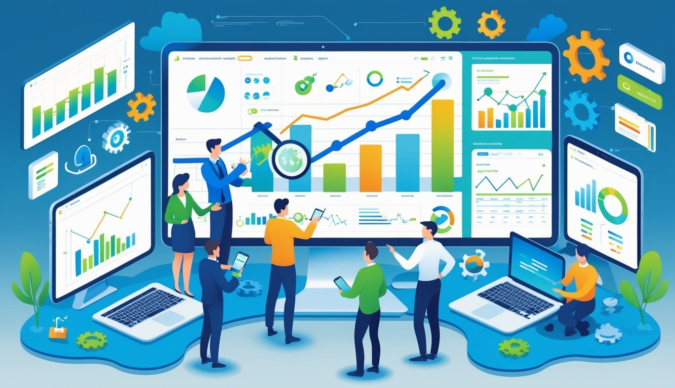 Tim profesionalaca u uredu radi na SEO kampanji, prikazujući grafikone, analize ključnih riječi i strategije optimizacije na digitalnim ekranima.