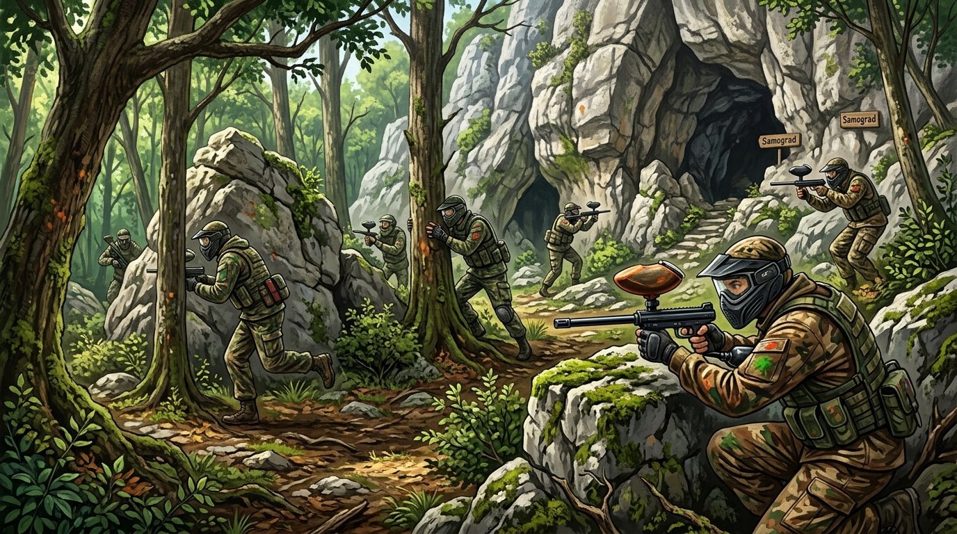Igrači paintballa u šumovitom području s kamenim formacijama i ulazima u pećine u pozadini.