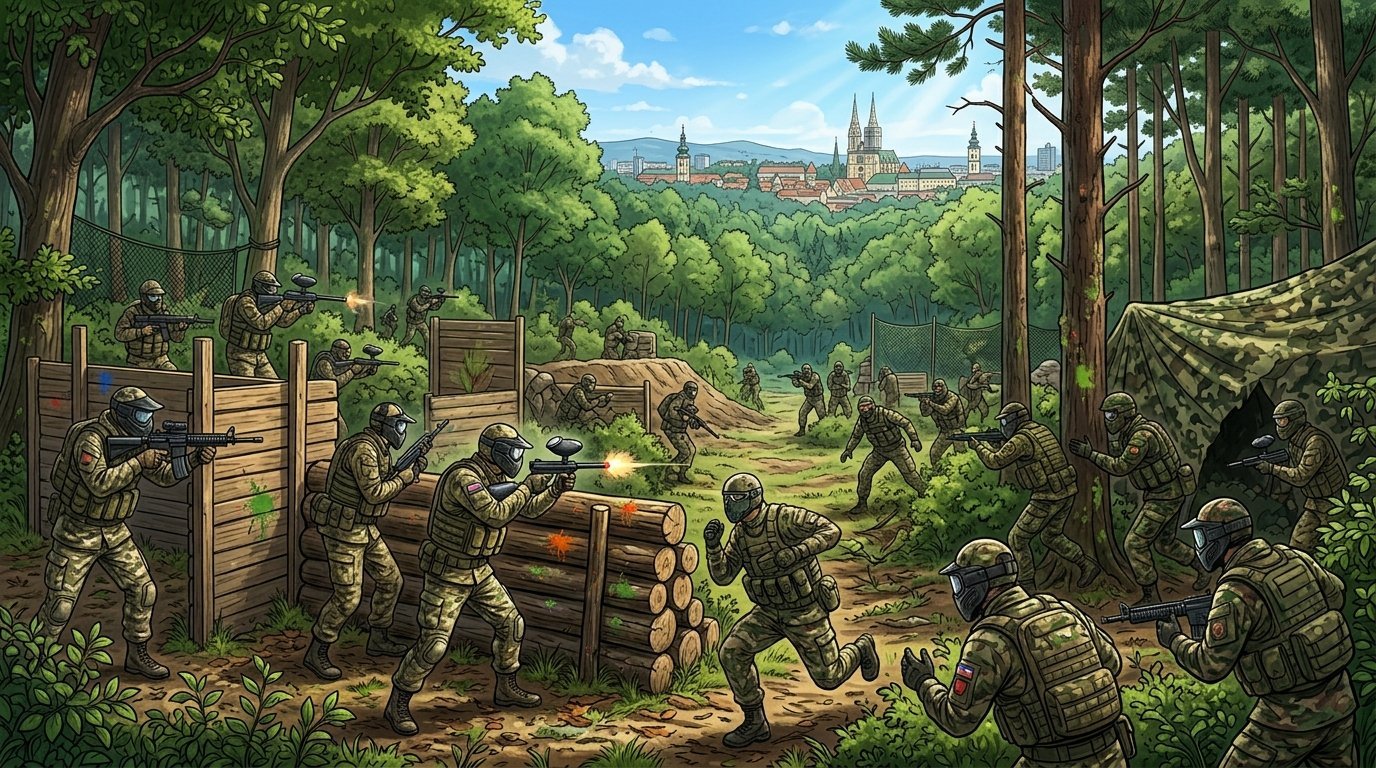 Igrači u taktičkoj opremi igraju paintball i airsoft u šumovitom okruženju blizu Zagreba.