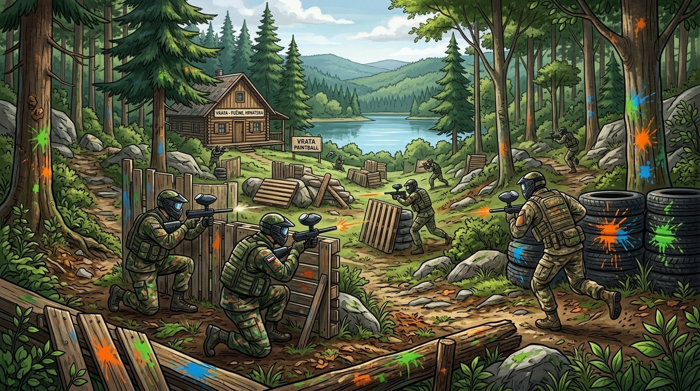 Igrači u opremi za paintball bore se u šumovitom parku s drvenim preprekama i prirodnim okruženjem.