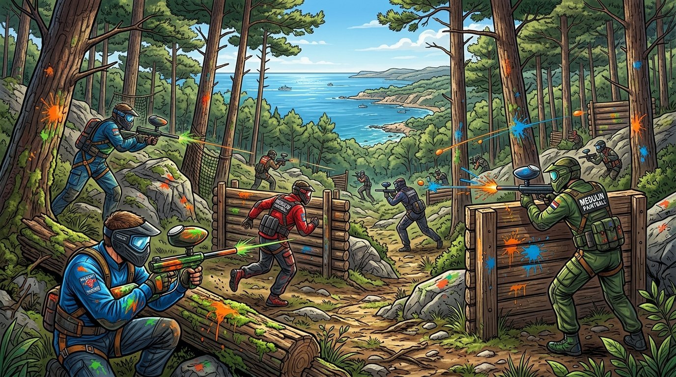 Igrači u zaštitnoj opremi igraju paintball u šumovitom parku s prirodnim zaklonima i plavim nebom u pozadini.