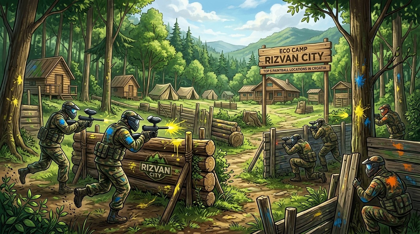 Igrači u šumskom okruženju bore se u paintballu u ekološkom kampu s drvenim preprekama i šatorima u pozadini.